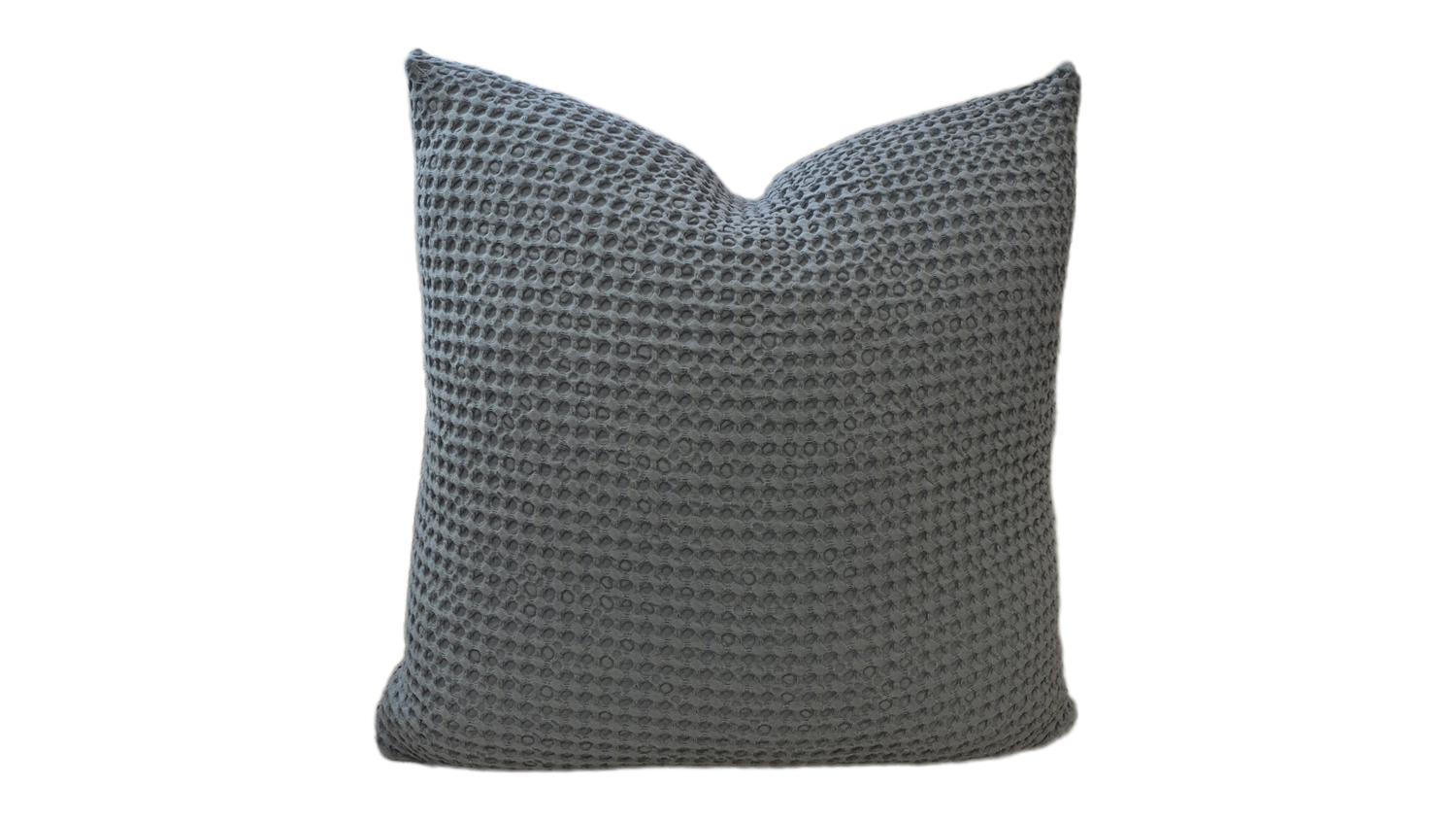 Soft smoke-coloured cushion with a feather-filled interior, featuring a textured surface and waffle-like pattern